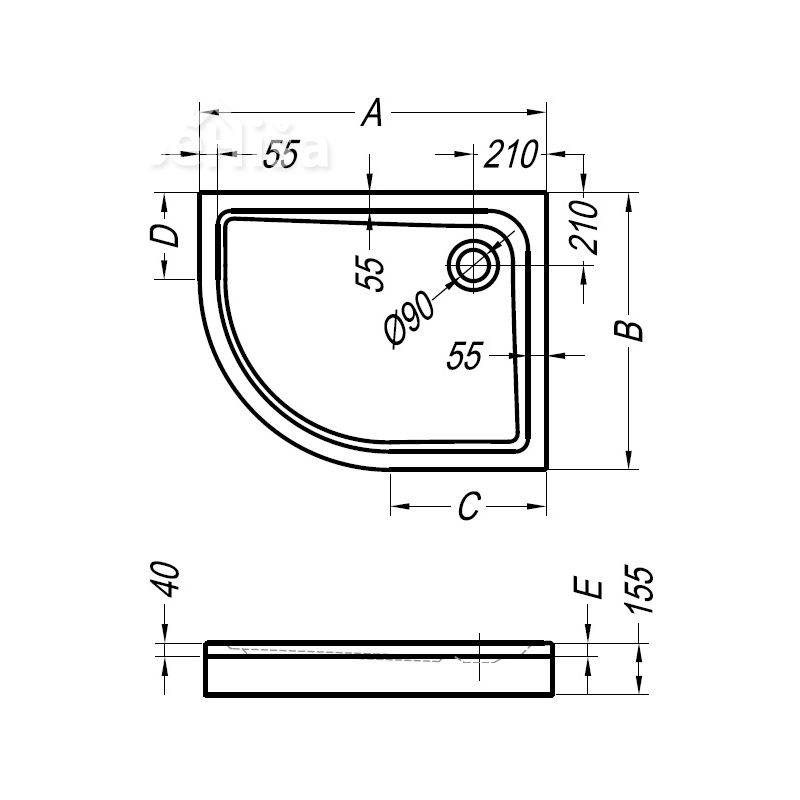 Polkrožna tuš kad Malur 120x90 D vgradna KOLPA-SAN 537080