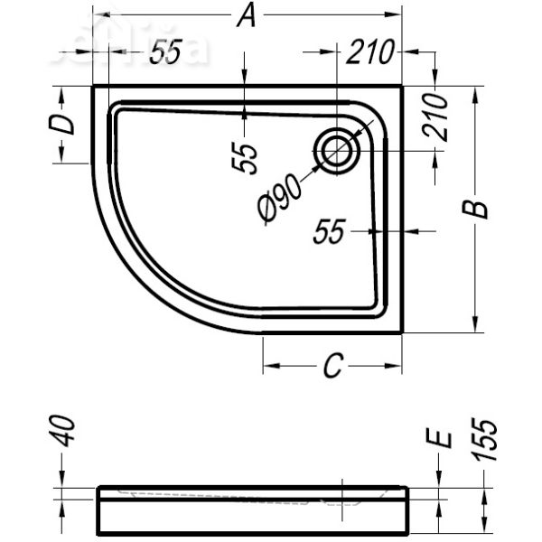Polkrožna tuš kad Malur 120x90 D vgradna KOLPA-SAN 537080
