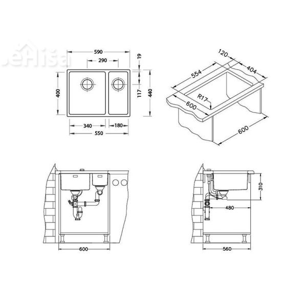 Dvojno kuhinjsko pomivalno korito KOMBINO 120 inox 590x440 mm levo ALVEUS 1101960

