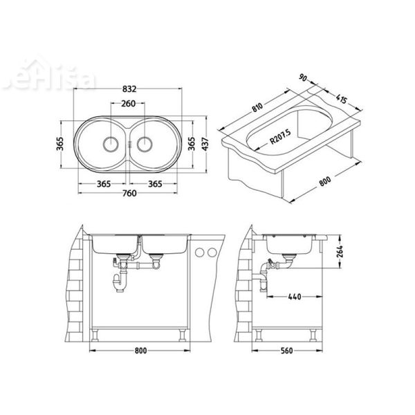 Dvojno ovalno kuhinjsko pomivalno korito FORM 50 inox 832x437 mm ALVEUS 1060039
