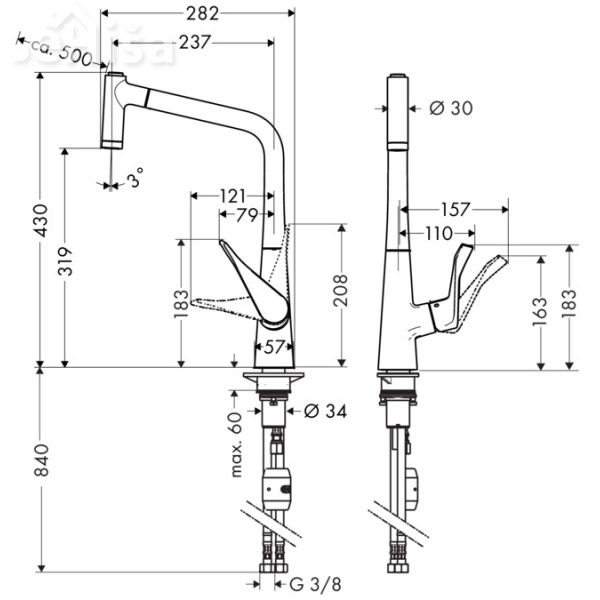 Enoročna izvlečna kuhinjska armatura Metris 320 krom HANSGROHE 14820000