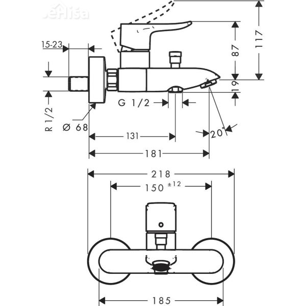 Enoročna stenska armatura za kopalno kad Metris krom HANSGROHE 31480000
