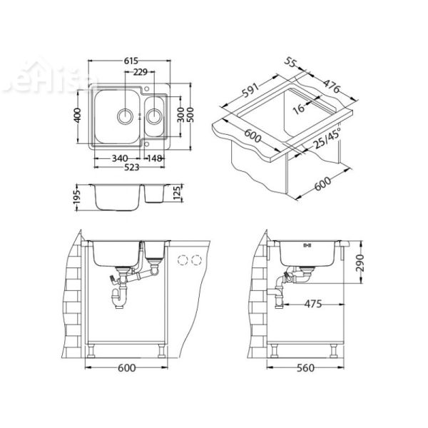 Kuhinjsko pomivalno korito in pol LINE MAXIM 50 inox 615x500 mm z sifonom ALVEUS 1085946
