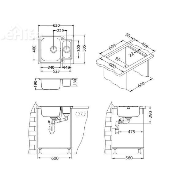 Kuhinjsko pomivalno korito in pol LINE MAXIM 50 inox 620x505 mm z sifonom ALVEUS 1085957
