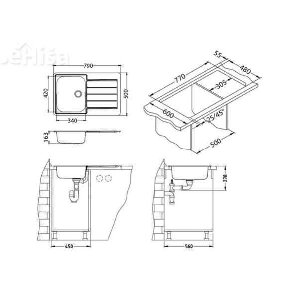Kuhinjsko pomivalno korito LINE 80 inox 790x500 mm z sifonom ALVEUS 1065686
