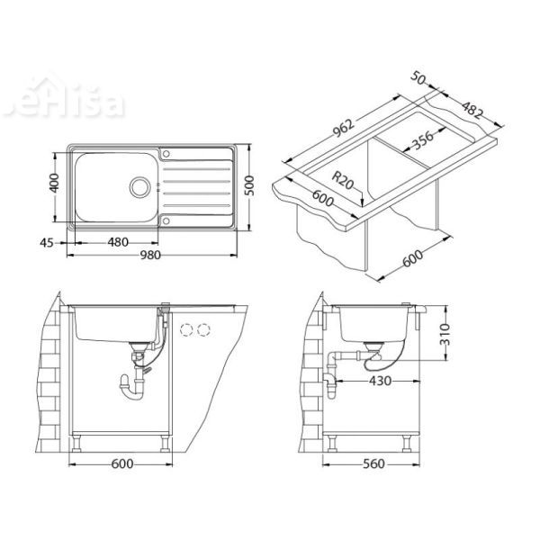 Kuhinjsko pomivalno korito PRAKTIK 100 inox 980x500 mm ALVEUS 1085977
