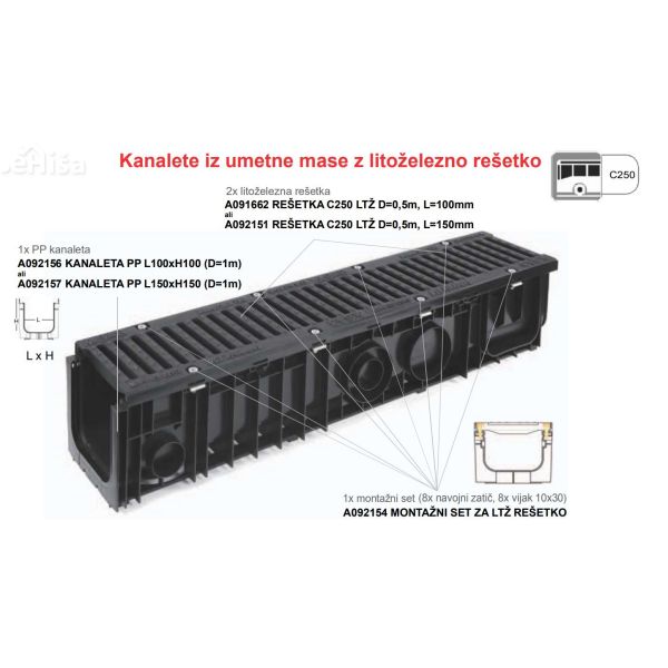 Zunanja kanaleta PP L150xH150 dolžina 100 cm
