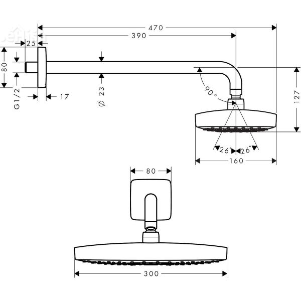 Stenska nadglavna prha Raindance Select E 300 z nosilcem krom HANSGROHE 27385000
