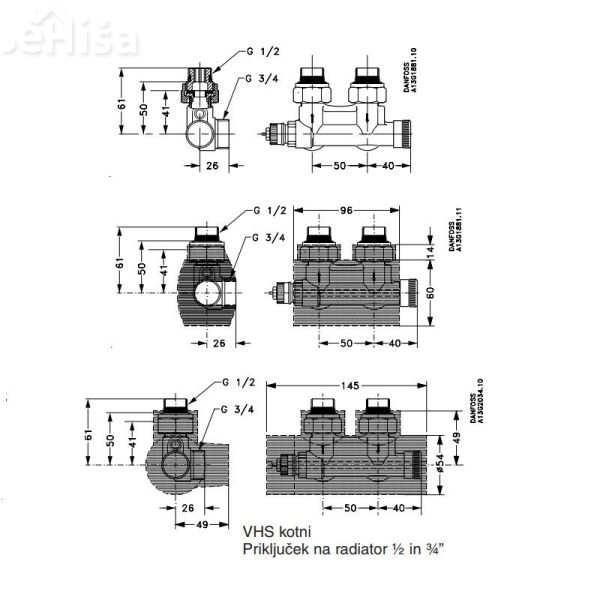 Termostatski ventil za kopalniške in univerzalne radiatorje VHS kotni 1/2 DANSFOSS 013G4741
