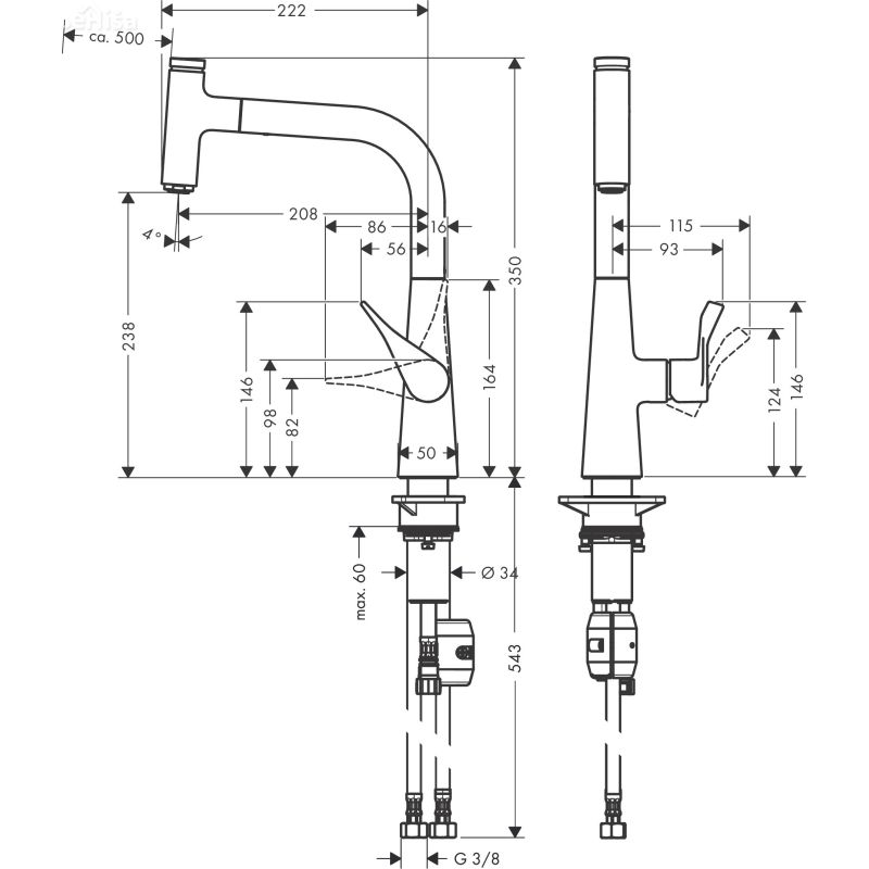 Enoročna izvlečna kuhinjska armatura Metris 240 krom HANSGROHE 14857000
