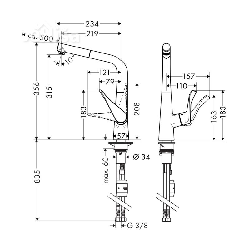 Izvlečna enoročna kuhinjska armatura Metris 320 krom HANSGROHE 14821000