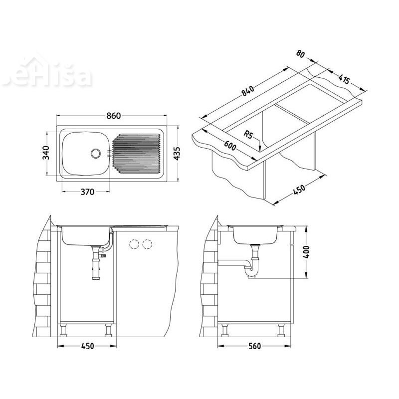 Kuhinjsko pomivalno korito BASIC 60 inox 860x435 mm ALVEUS 1009181
