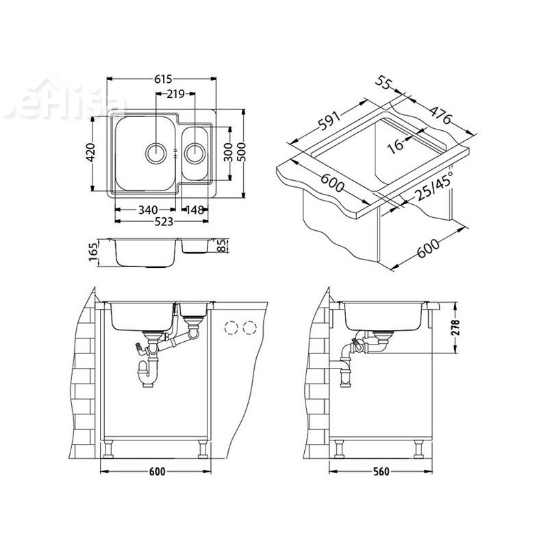 Kuhinjsko pomivalno korito in pol LINE 50 inox 615x500 mm z sifonom ALVEUS 1065676