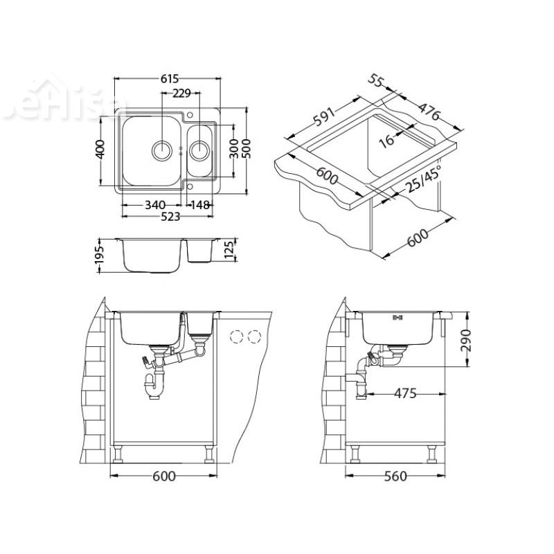 Kuhinjsko pomivalno korito in pol LINE MAXIM 50 inox 615x500 mm z sifonom ALVEUS 1085946
