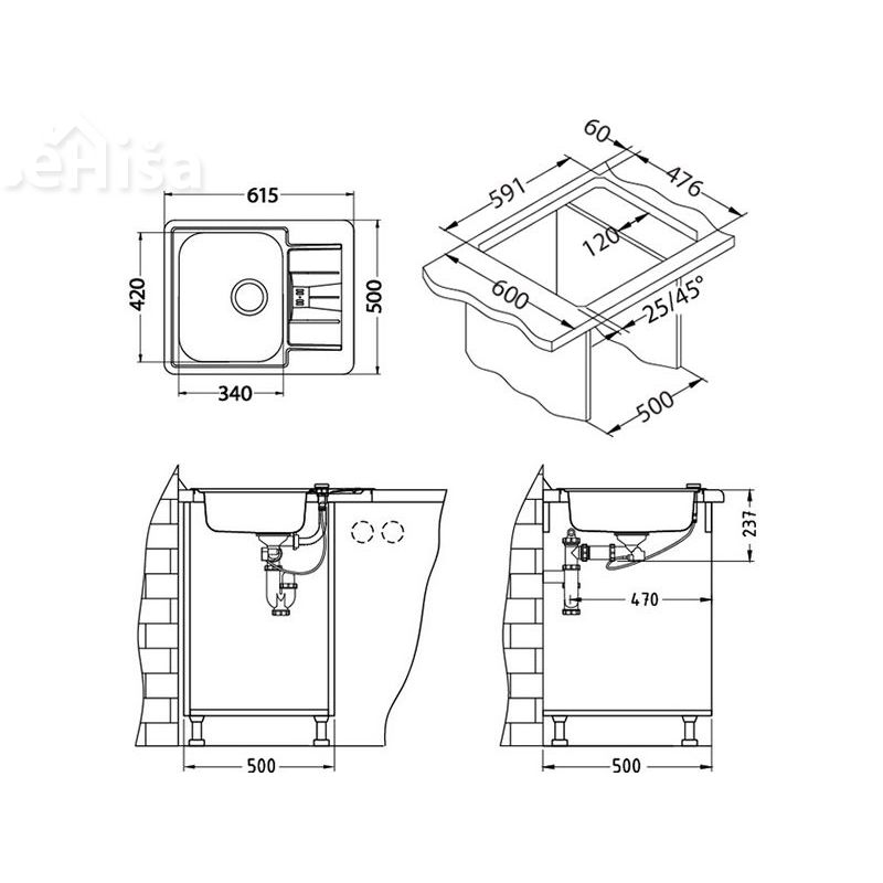 Kuhinjsko pomivalno korito LINE 60 inox 615x500 mm z sifonom ALVEUS 1065681
