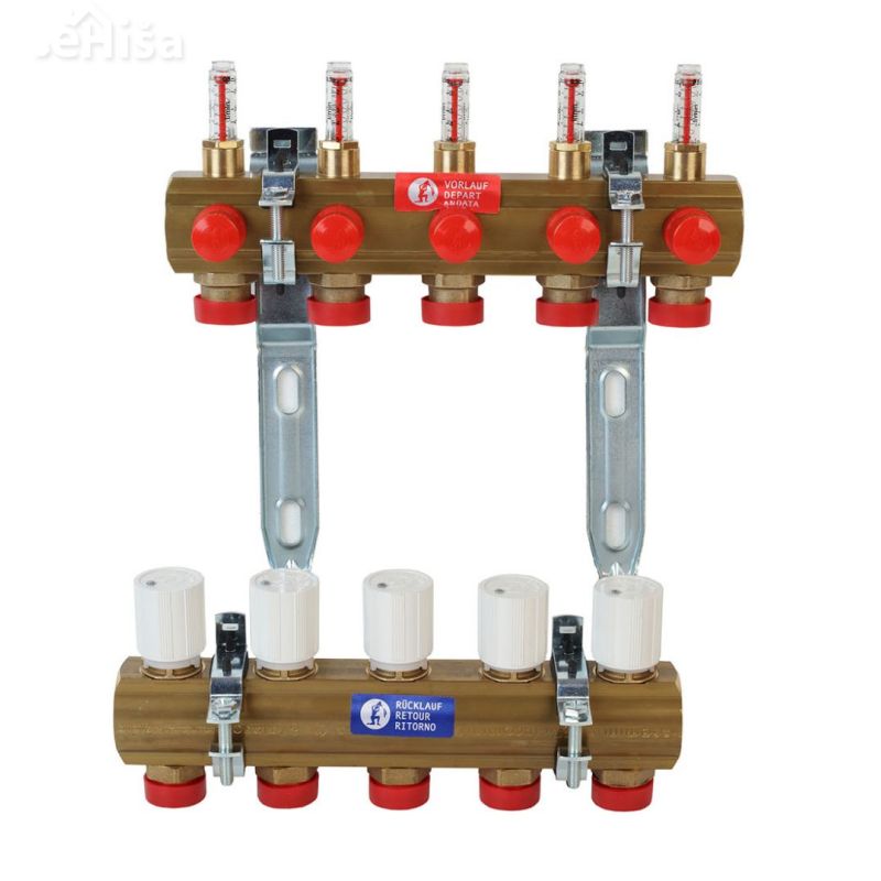 Sestavljen razdelilec talnega gretja 10 vej z merilnikom pretoka 1