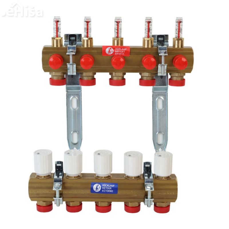 Sestavljen razdelilec talnega gretja 9 vej z merilnikom pretoka 1