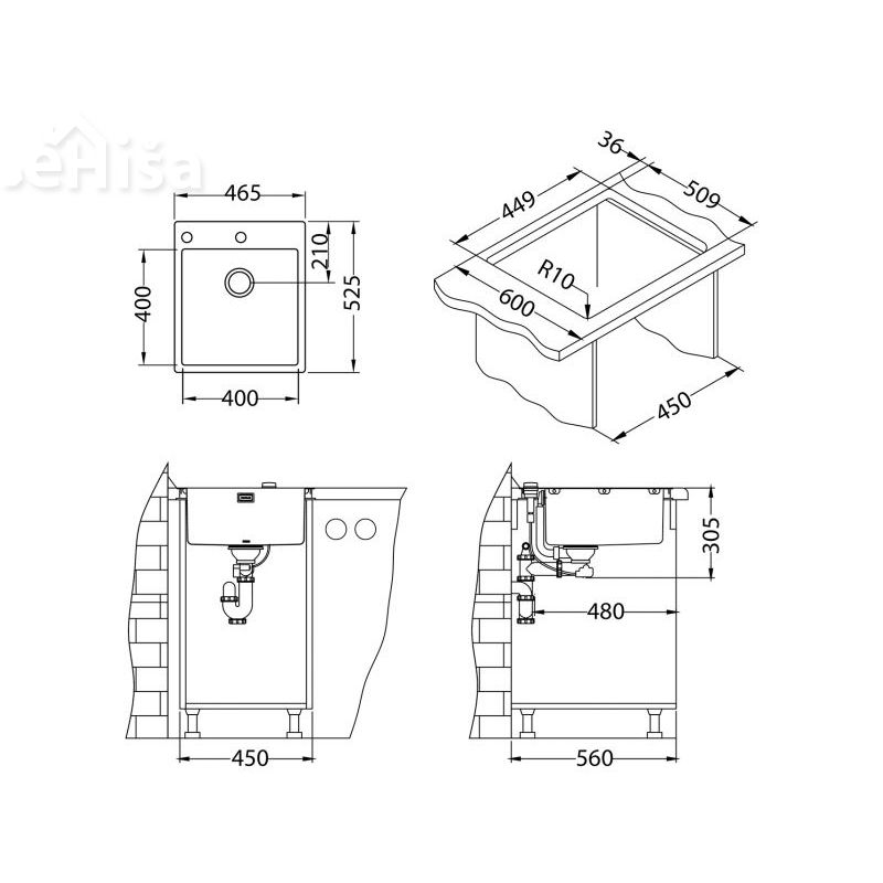 Vgradno kuhinjsko pomivalno korito PURE 20 inox 465x525 mm z sifonom ALVEUS 1103608
