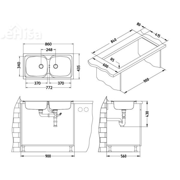 Dvojno kuhinjsko pomivalno korito BASIC 70 inox 860x435 mm ALVEUS 1008846
