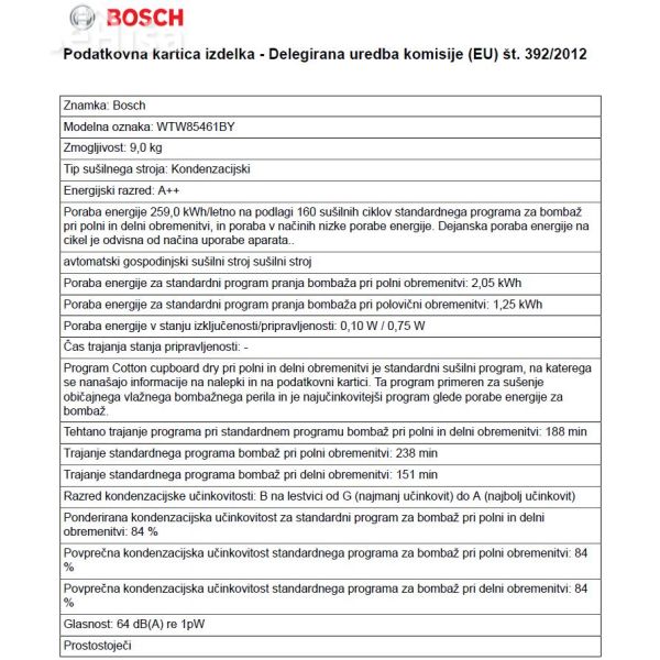 Kondenzacijski sušilni stroj s toplotno črpalko BOSCH WTW85461BY
