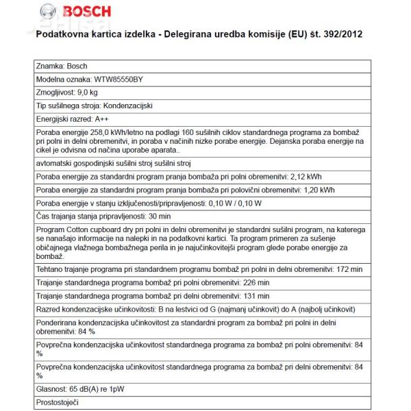 Kondenzacijski sušilni stroj s toplotno črpalko BOSCH WTW85550BY
