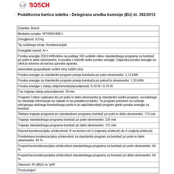 Kondenzacijski sušilni stroj s toplotno črpalko in parno funkcijo BOSCH WTW85540EU
