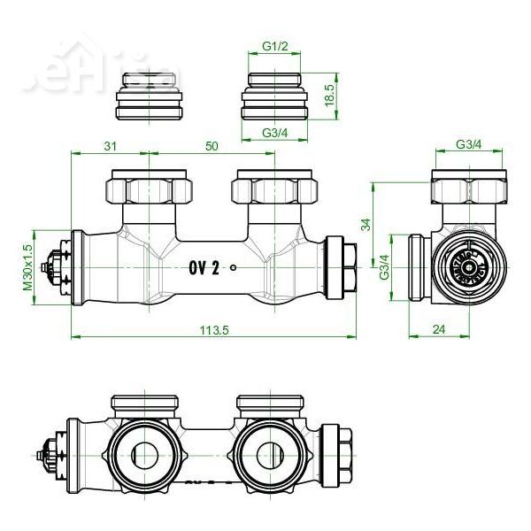 Kotni set za priključitev radiatorja s sredisnkim priklopom MULTIBLOCK T-set beli OVENTROP 1184184
