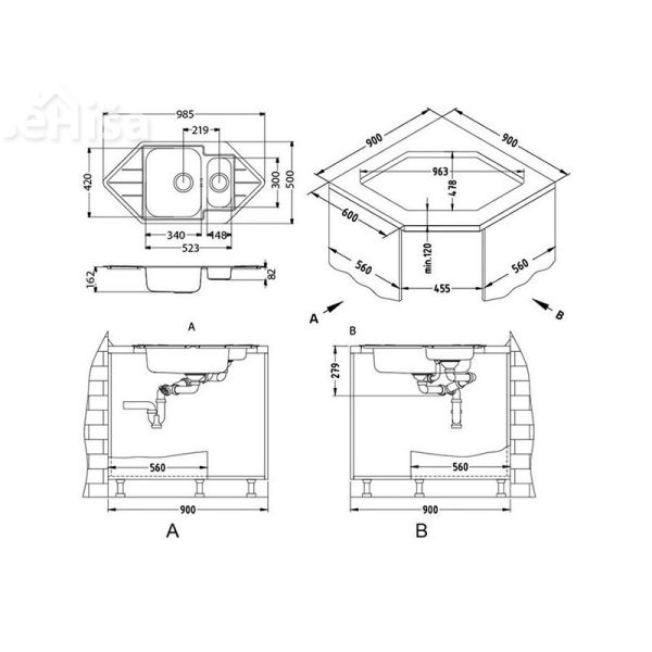 Kuhinjsko pomivalno korito in pol LINE 40 inox 985x500 mm z sifonom ALVEUS 1065674
