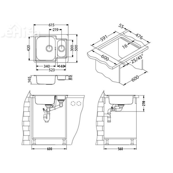 Kuhinjsko pomivalno korito in pol LINE 50 inox 615x500 mm z sifonom ALVEUS 1065676
