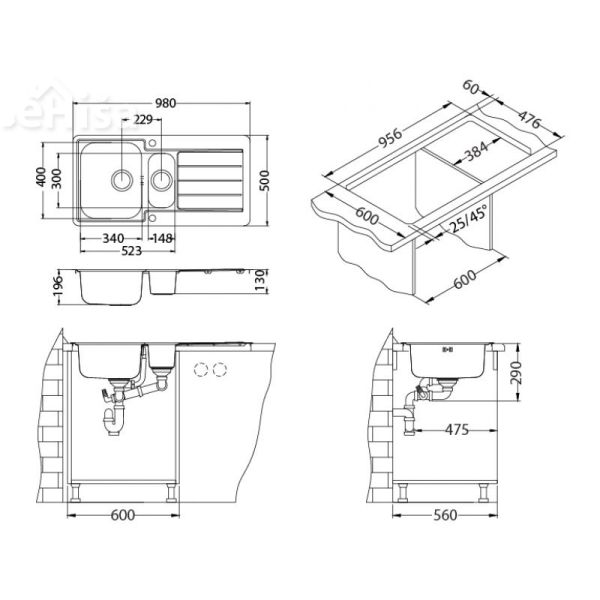 Kuhinjsko pomivalno korito in pol LINE MAXIM 10 inox 980x500 mm z sifonom ALVEUS 1085943
