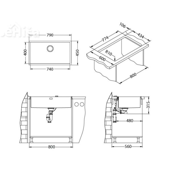 Kuhinjsko pomivalno korito QUADRIX 60 inox 790x450 mm ALVEUS 1092477
