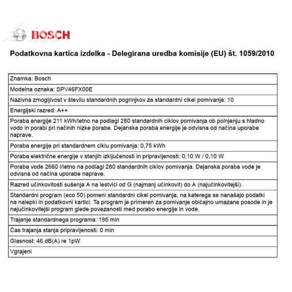 Popolnoma vgradni pomivalni stroj širine 45 cm BOSCH SPV46MX00E
