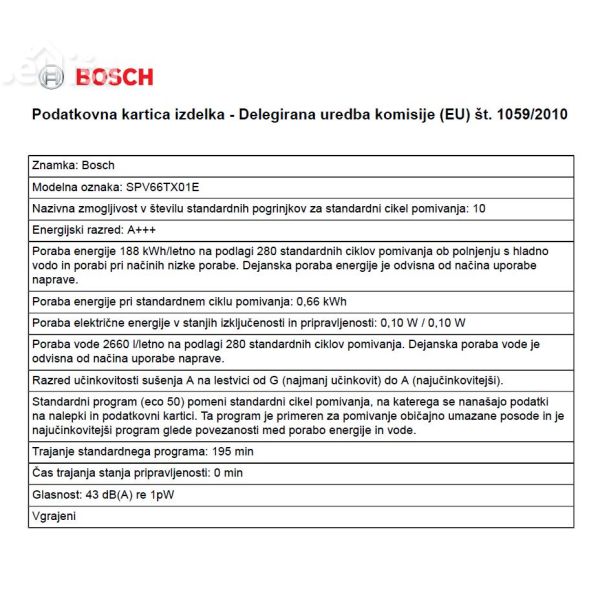 Popolnoma vgradni pomivalni stroj širine 45 cm BOSCH SPV66TX01E
