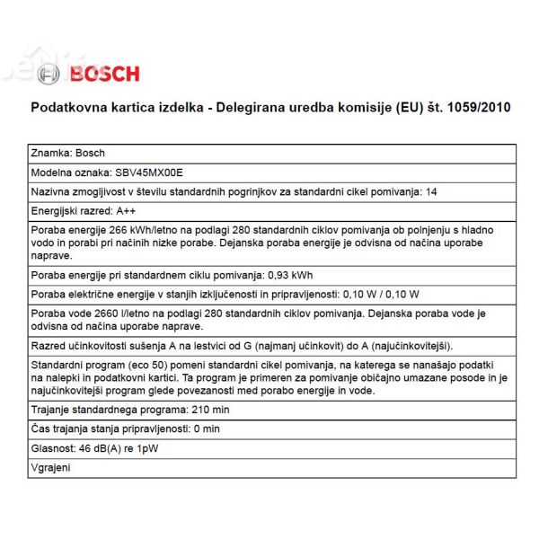 Popolnoma vgradni pomivalni stroj širine 60 cm BOSCH SBV45MX00E
