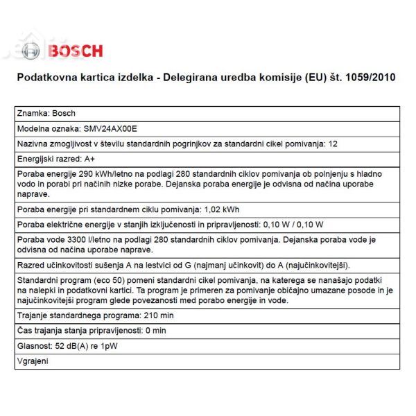 Popolnoma vgradni pomivalni stroj širine 60 cm BOSCH SMV24AX00E
