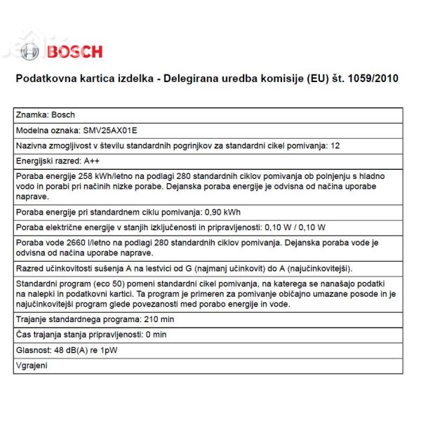 Popolnoma vgradni pomivalni stroj širine 60 cm BOSCH SMV25AX01E
