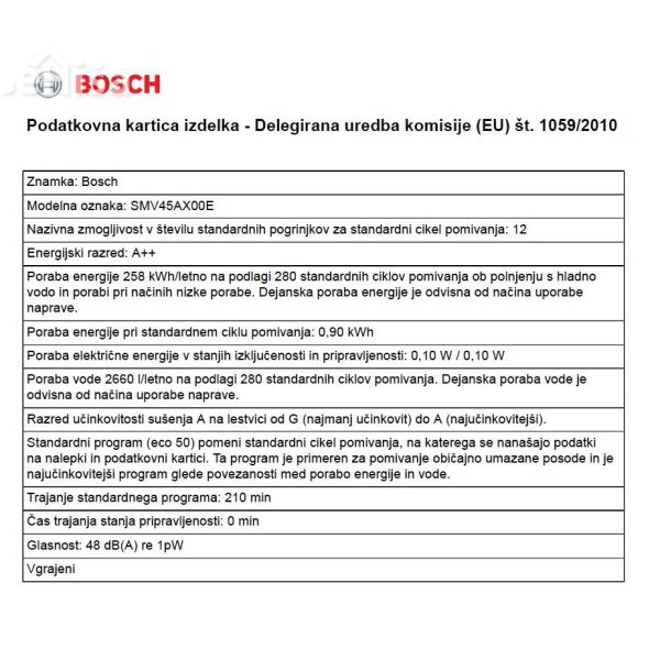 Popolnoma vgradni pomivalni stroj širine 60 cm BOSCH SMV45AX00E
