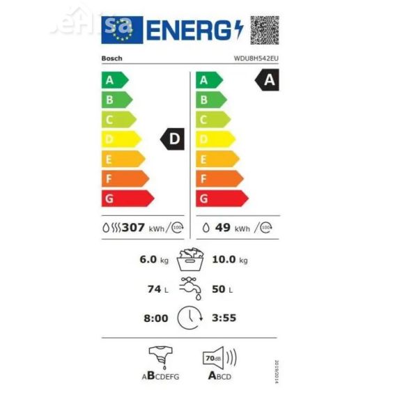 Pralno-sušilni stroj 10/6 kg s sprednjim polnjenjem BOSCH WDU8H542EU
