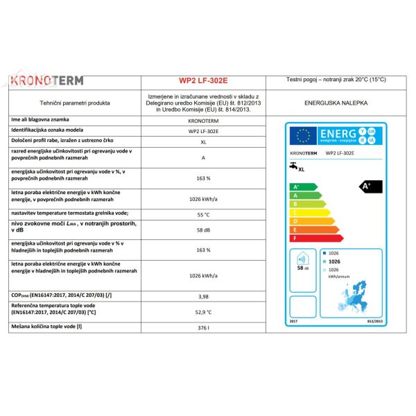 Toplotna črpalka za sanitarno vodo Eco KRONOTERM WP2 LF-302E / 1 E D PV P
