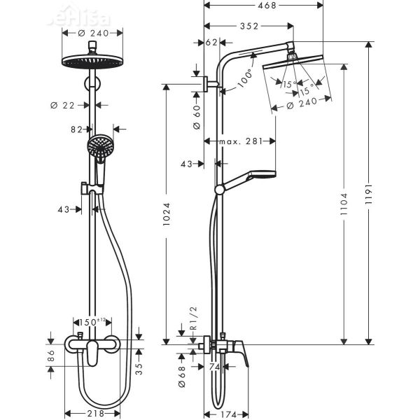 Tuš set z nadglavno prho in ročko Crometta S 240 krom HANSGROHE 27269000
