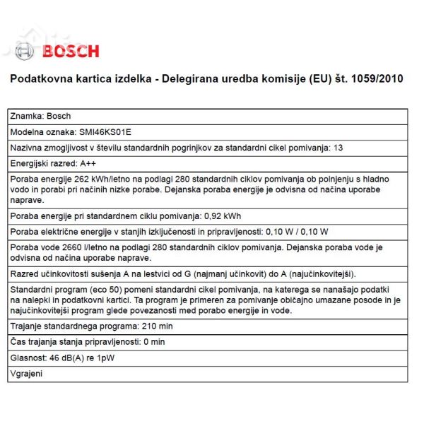 Vgradni pomivalni stroj širine 60 cm BOSCH SMI46KS01E
