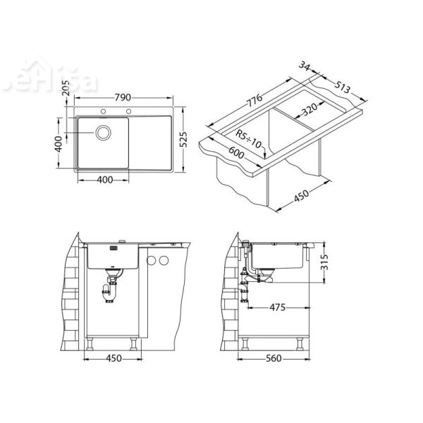 Vgradno kuhinjsko pomivalno korito PURE 40 inox 790x525 mm z sifonom ALVEUS 1103651
