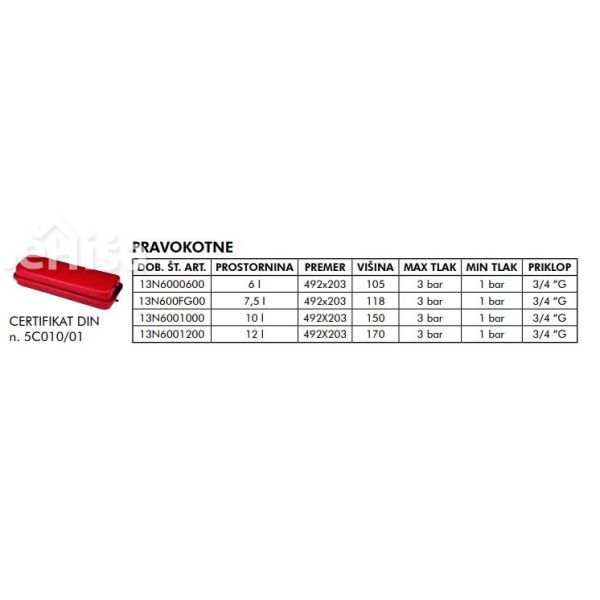 Pravokotna ekspanzijska posoda 10L - OEM PRO - 3/4