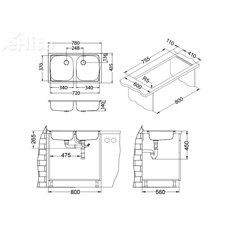 Dvojno kuhinjsko pomivalno korito BASIC 160 inox 780x435 mm ALVEUS 1039144
