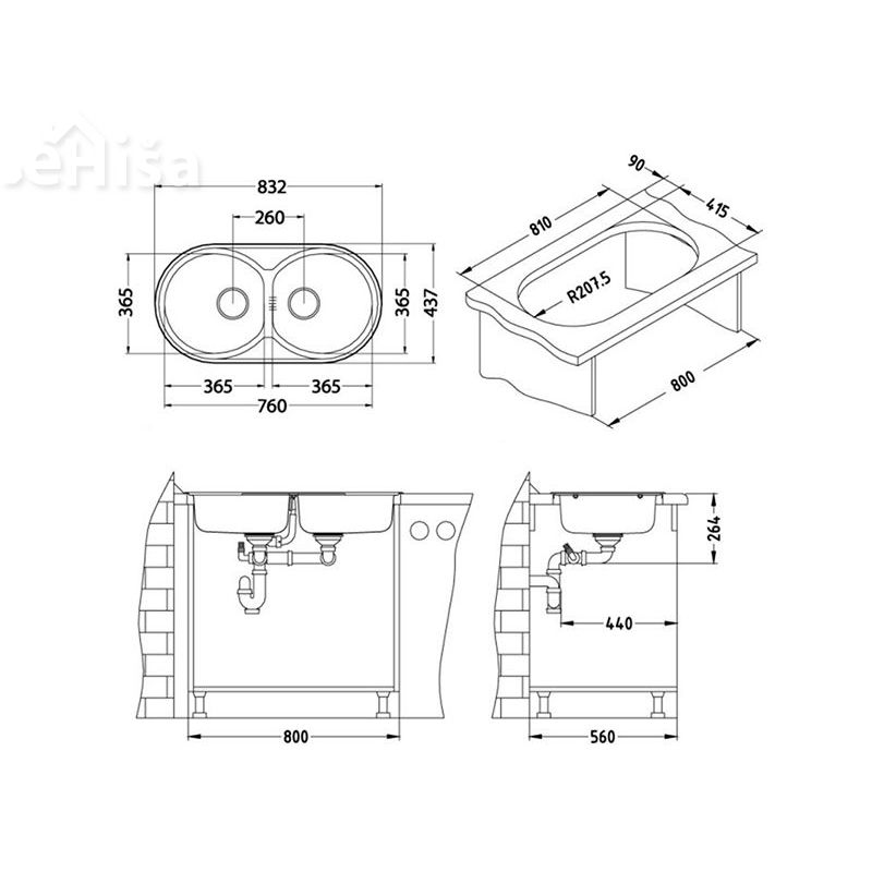 Dvojno ovalno kuhinjsko pomivalno korito FORM 50 inox 832x437 mm ALVEUS 1060002
