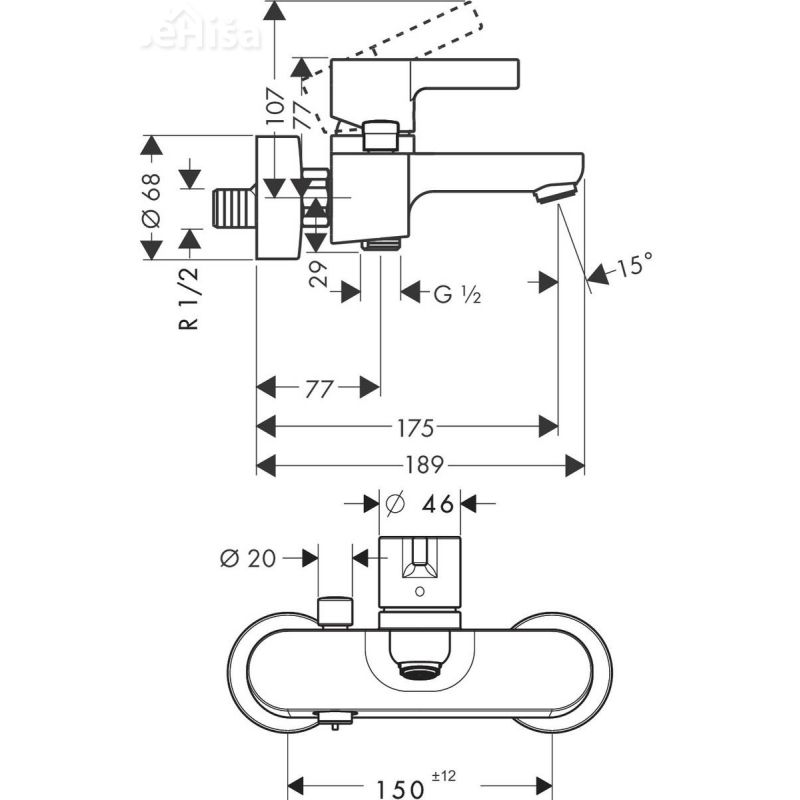 Enoročna stenska armatura za kopalno kad Metris S krom HANSGROHE 31460000
