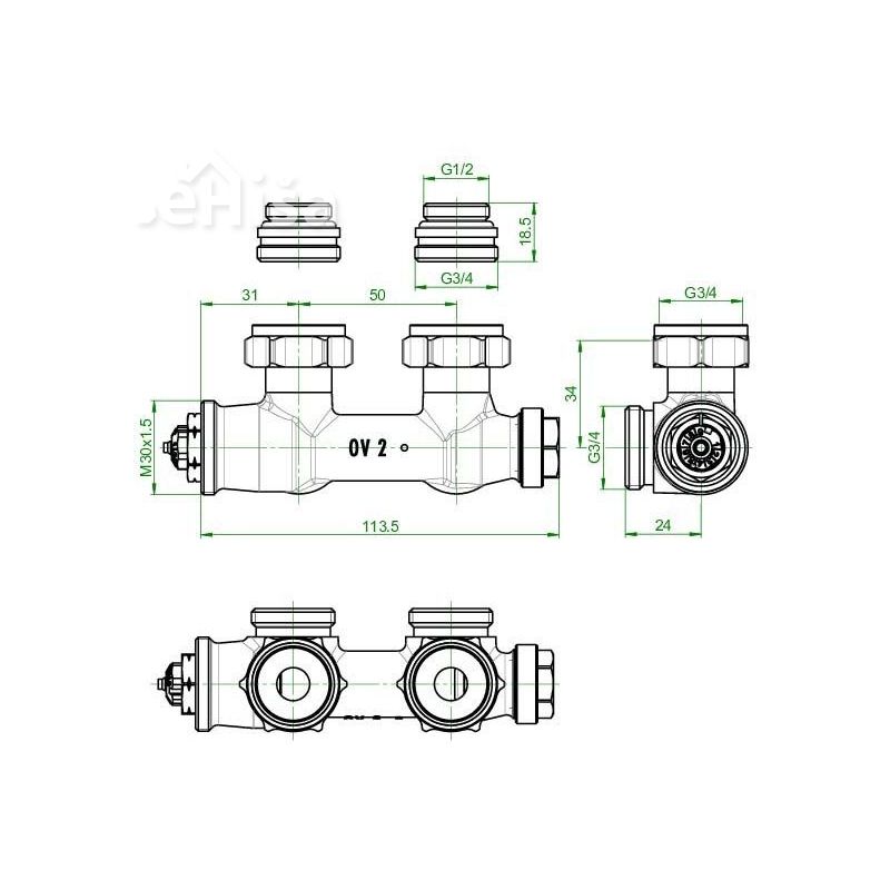 Kotni set za priključitev radiatorja s sredisnkim priklopom MULTIBLOCK T-set beli OVENTROP 1184184
