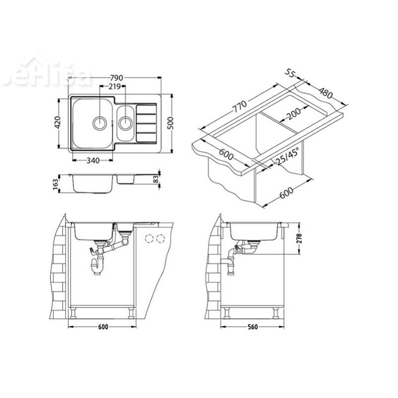 Kuhinjsko pomivalno korito in pol LINE 70 inox 790x500 mm z sifonom ALVEUS 1065684
