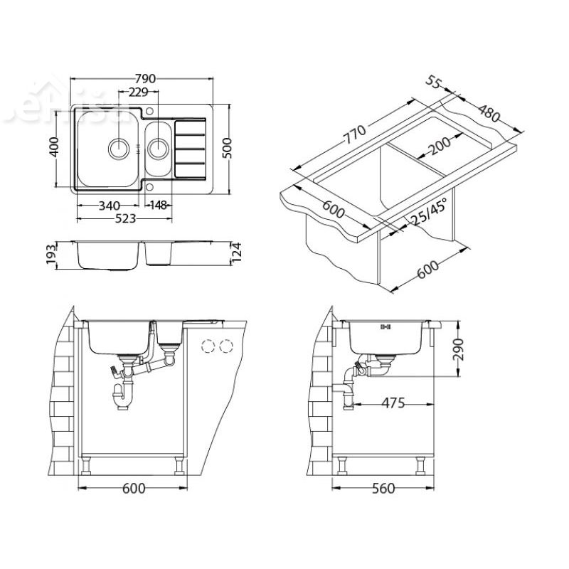 Kuhinjsko pomivalno korito in pol LINE MAXIM 70 inox 790x500 mm z sifonom ALVEUS 1089614
