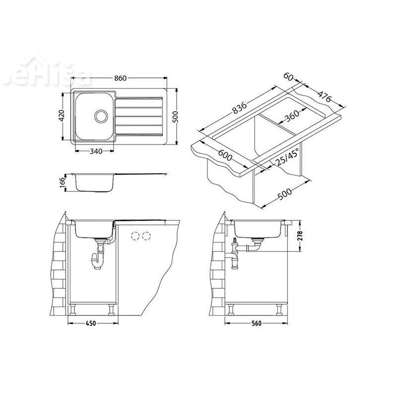 Kuhinjsko pomivalno korito LINE 20 inox 980x500 mm z sifonom ALVEUS 1065579
